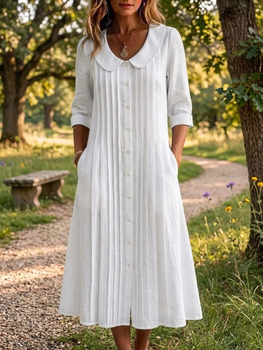 New Arrivals🔥 Women's Peter Pan Collar Casual Loose Pleated Cotton And Linen Dress